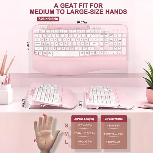 EAYBLLY 2.4G Wireless Ergonomic Keyboard, Full Size Wave Keys with Memory Foam Wrist Rest & 7.28in Phone Holder, USB-C Adapter Included for Windows Mac Chrome OS, Office or Home (Pink)