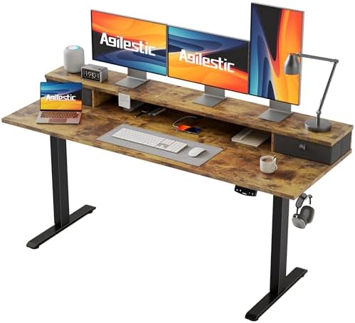 Agilestic 63 * 24 Inch Electric Standing Desk with Drawers, Rustic Brown