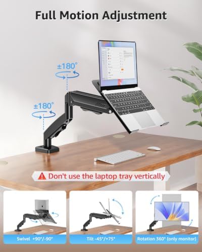 MOUNTUP Laptop Stand for Desk, Adjustable Aluminum Laptops Arm Mount for 14-17 Inch Notebook & 32" Monitor, Laptops Arm for Desk Support for 4.4-19.8lbs, 2-in-1 Laptop Desk Mount with Clamp/Grommet