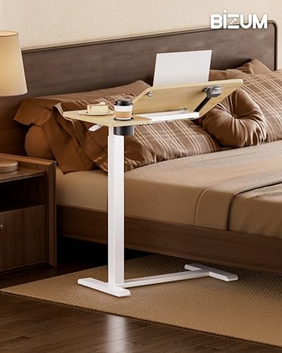 BZIUM Overbed Bedside Table with Hidden Wheels, Adjustable Medical Tilt Top Hospital Bed Table Over The Bed, Rolling Desk Mobile Standing Desk (27.6x15.8, Maple)