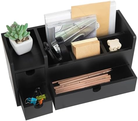 Vintage Black Wooden Desktop Organizer Removable Drawers Office Supplies Wood Storage Cabinet Caddy Box Stationery Pencil Slots Mail Holder Note Pads Accessories Home Makeup Tools Cosmetics