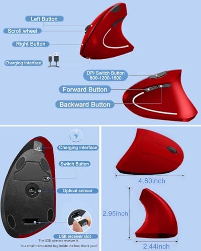 Ergonomic Mouse, Vertical Wireless Mouse 2.4G Rechargeable Optical Vertical Mouse High Precision Optical Mouse Adjustable800/1200/1600 DPI 6 Buttons, for Laptop etc, Red,Specially for Right-handers