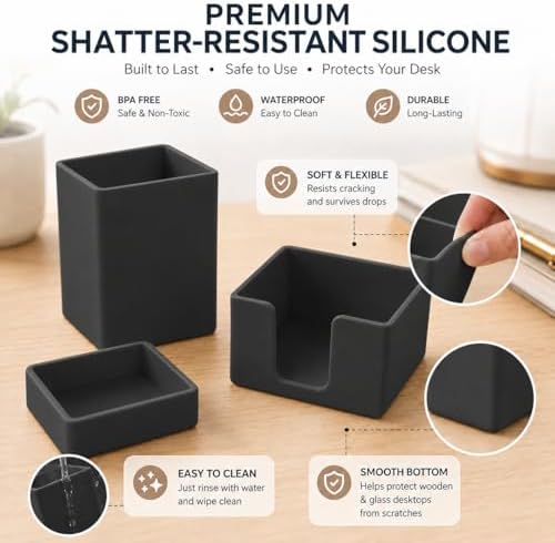 minimaliving Aesthetic Silicone Desk Organizer Set of 3,Modern Office Desk Accessories with Pen Holder,Paperclip Tray,Sticky Note Holder,Stylish Functional Office Desk Decor for Back-to-school(Black)