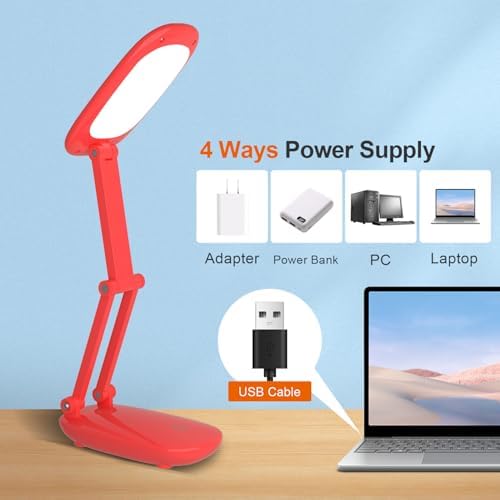 Akejrym LED Desk Lamp for Office Home & Battery Operated Lamp Rechargeable Lamp Foldable & Portable Light, [2-Fold Bracket] 3 Brightness Dimmable Small Desk Lamp Wireless Reading Lamp (Bright Pink)