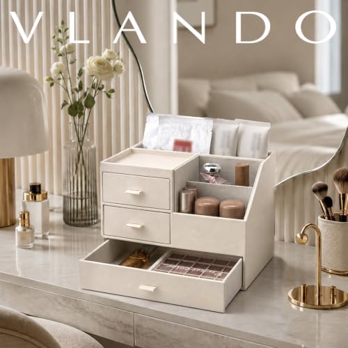 Desk Organizer with Drawer, Leather Nightstand Organizer for Women, Beige