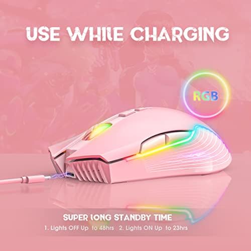 RGB Wireless Gaming Mouse, Pink, Rechargeable, Ergonomic Design, Adjustable DPI, Compatible with Windows, Mac