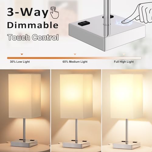 17.4" White Touch Table Lamp for Bedroom - Dimmable, USB C+A, 2 AC Outlets