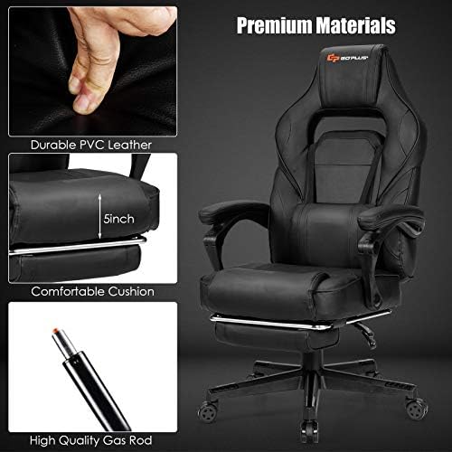 Goplus Massage Gaming Chair, Reclining Backrest, Seat Height Adjustment Racing Computer Office Chair with Footrest, Ergonomic High Back PU Swivel Game Chair (Black)