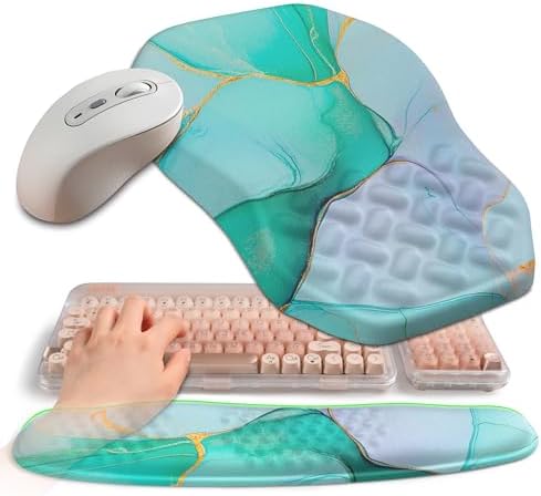 2-in-1 Ergonomic Set, Wave Keyboard Wrist Rest and Massage Slope Mouse Pad Wrist Support, Rebound Memory Foam for Relieve Carpal Tunnel Syndrome and Wrist Pain (Green Gold Marble)