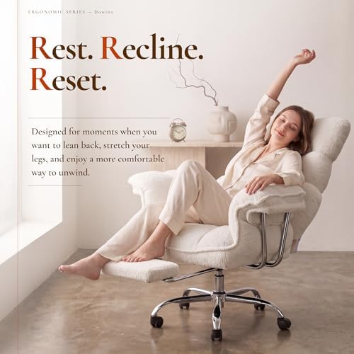 Dowinx Big and Tall Office Chair with Footrest, Ergonomic High Back Reclining Design, Wide Seat, Thick Cushion, Wide Armrests, Teddy Fleece Criss Cross Desk Chair, Pure White
