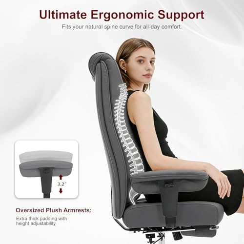 EXCEBET Big and Tall Office Chair 400lbs Wide Seat, Leather High Back Executive Office Chair with Foot Rest, Ergonomic Chairs Lumbar Support for Lower Back Pain Relief (Grey)