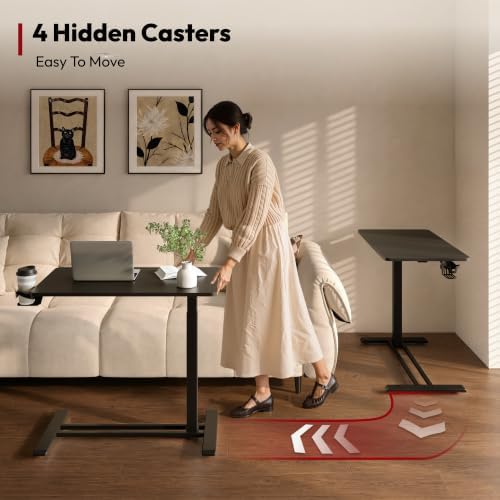 SANODESK 32''Pneumatic Adjustable Overbed Bedside Table with Hidden Casters