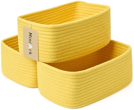 MiniArk Small Storage Baskets for Organizing | Closet Organizer Bins | Shelf Toy Basket | Woven Rope Baskets | Cube Decorative Box | Shallow Basket | 11.5x7.5x4.7” | 3 Packs Yellow