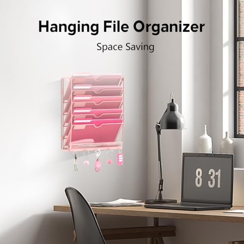 6 Tier Wall File Organizer - Hanging File Organizer with 5 Hooks, Mail Holder Wall Mounted for Papers, Folders, Magazines, Bills, Office&School Organization, Pink