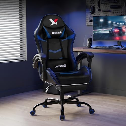 Ergonomic Gaming Chair for Adults, Reclining Computer Office Desk Chair with Footrest, Pocket Spring Cushion,Linkage Armrests, Lumbar Support & Headrest, Heavy-Duty Enlarged Metal Base,Blue