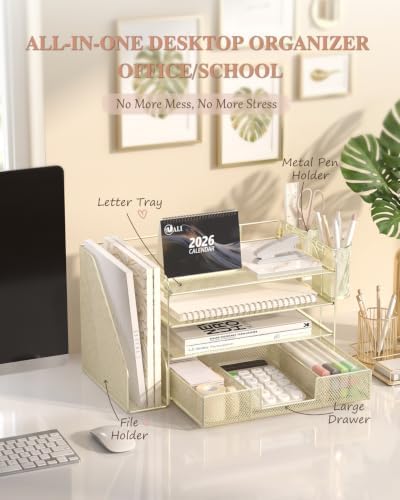 WALI Desk File Organizer, 4 Tier Desktop Paper Letter Tray Organizer with Drawer and 2 Pen Holders, Office Desk Accessories & Workspace Organizers for Office, Home, School Supplies, 1 Pack, Gold