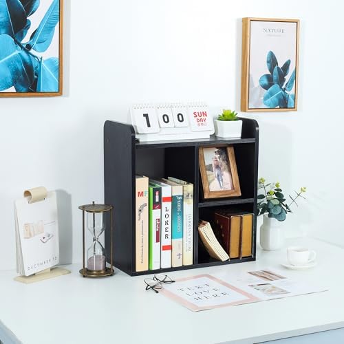 TQVAI Wood Desktop Bookshelf, 3 Cube Storage Unit Multipurpose Open Storage Shelves for Books, Office Supplies, Plants and Decor, Freestanding Desk Shelf Organizer for Office Home Study Room, Black