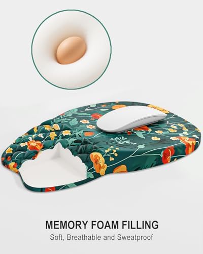 Auhoahsil Ergonomic Mouse Pad with Wrist Rest, Slope Computer Mouse Mat with Wrist Support, Memory Foam Filling, Non-Slip Silicone Base, Pain Relief, for Gaming & Work, 8 x 12 in, Green Flowers
