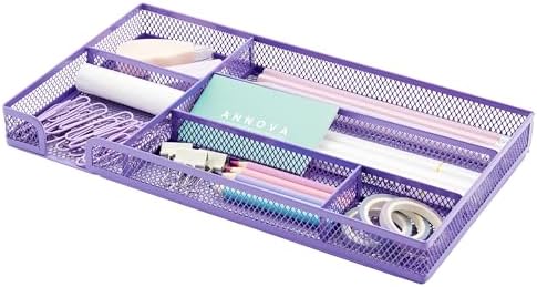 Annova Desk Drawer Organizer Tray for Office Organization - Metal Mesh - Storage Tray with Dividers for Pens, Desktop Accessories, Bathroom, Kitchen, Makeup and Office Supplies (Small, Purple)