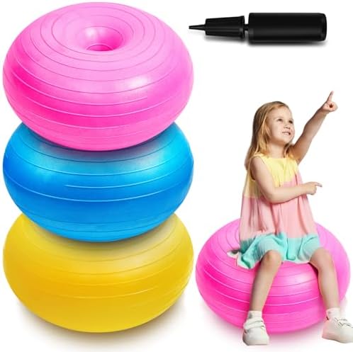 Lewtemi 1/2/3 Pcs Flexible Seating for Classroom Elementary 20 Inch Yoga Ball Chair for Kids Wobble Chair for Sensory Kids Large Donut Ball Seats with Inflator for School Office