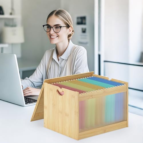 Bamboo Hanging File Box Organizer with Lid, File Folder, Nature, 2 Pack