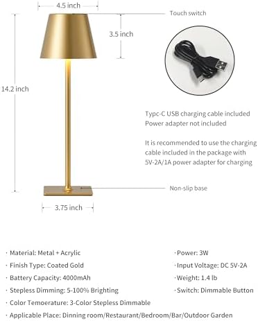 KDG Gold Cordless Table Lamps Set of 2, 4000mAh Rechargeable LED Desk Lamp