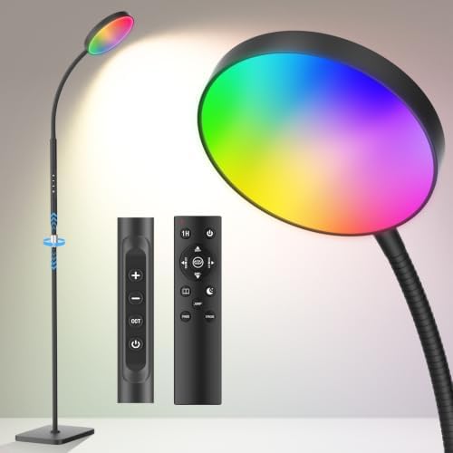 PACOVY Floor Lamp, Adjustable Height Floor Lamps for Living Room Bedroom, 120 LED Super Bright Standing Lamp Remote &Touch Control Dimmable Gooseneck Tall Stand Reading Lamp for Office Craft Black-RGB