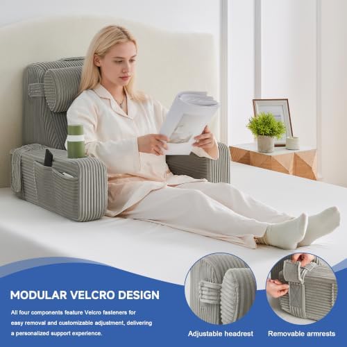Reading Pillow for Bed, Back Pillow for Bed Sitting Up, Bed Pillows for Sitting Up with Adjustable Armrests, Cup Holder & Large Pocket, Backrest Cushion for Reading, Watching TV (Grey, 4PCS)