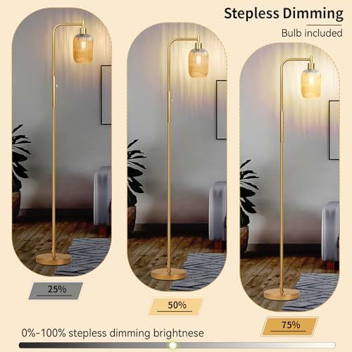 Ruiever Glass Floor Lamp for Living Room, Dimmer Standing Lamp with Green Ribbed Lampshade,66” Tall Lamp & Gold Floor Lamp for Bedroom Study Room,Brushed Gold (Amber)