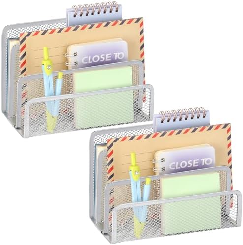 2 Pieces Desk Mail Organizer, Metal Mesh Small File Holders Letter Organizer, Bill/Document/Filing/Folders/Paper Organizer for Desktop (GREY-2PCS)