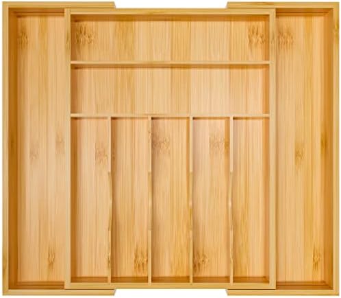 Utensil Organizer Silverware Tray For Drawer - Expandable Silverware Organizer Bamboo Flatware Organizer for Kitchen Utensils and Cutlery, Living Room Storage Box W13.5"-19.9" x L17.6" (Yellow)