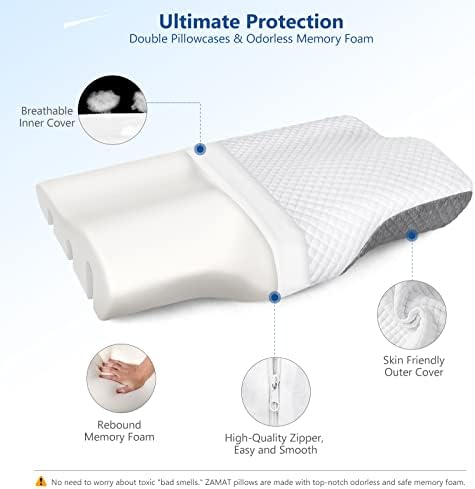 ZAMAT Memory Foam Pillow for Neck Pain Relief, Adjustable Ergonomic Cervical Pillow for Sleeping, Orthopedic Neck Pillow with Washable Cover, Bed Pillows for Side, Back, Stomach Sleepers
