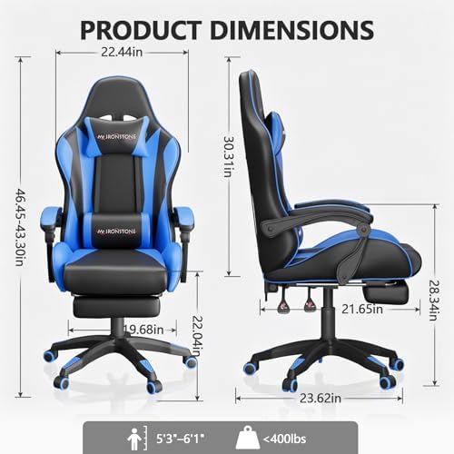 Mr IRONSTONE Gaming Chair with Footrest, Ergonomic Reclining Gamer Chair with Lumbar Support & Massage, High Back Racing Style Video Game Chair, Adjustable Headrest, Swivel Desk Chair, Blue