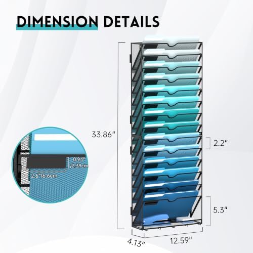 15 Tier Wall File Organizer - Hanging File Organizer with 5 Hooks, Mail Holder Wall Mounted for Papers, Folders, Magazines, Bills, Office&School Organization, Black