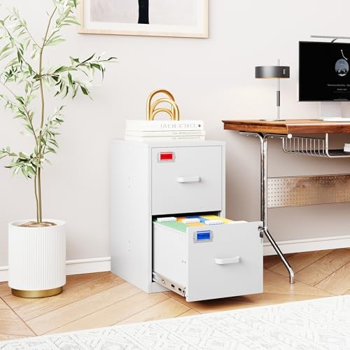 PEUKC 2 Drawer File Cabinet with Lock, 25.4" High Vertical Filing Cabinet, 17.7" Deep Metal Storage Cabinets for Home Office, Letter/Legal/A4/F4 Size, White(Assemble Required)