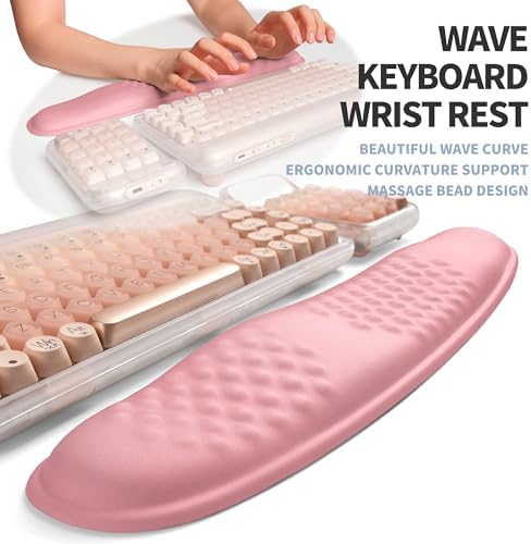 2-in-1 Ergonomic Set, Wave Keyboard Wrist Rest and Massage Slope Mouse Pad Wrist Support, Rebound Memory Foam for Relieve Carpal Tunnel Syndrome and Wrist Pain (Pink)