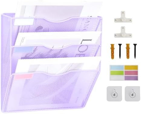 3 Pockets Mesh Wall File Holder Organizer Office Hanging File Folder Magazine Rack, Nametag Label Hooks Set Included (Purple)