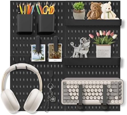 Pegboard Wall Organizer Set – 4 Peg Boards with Hooks & Shelves – Office, Kitchen, Gaming Room Desk Pegboard Storage – Peg Board Wall Display Rack (Black)