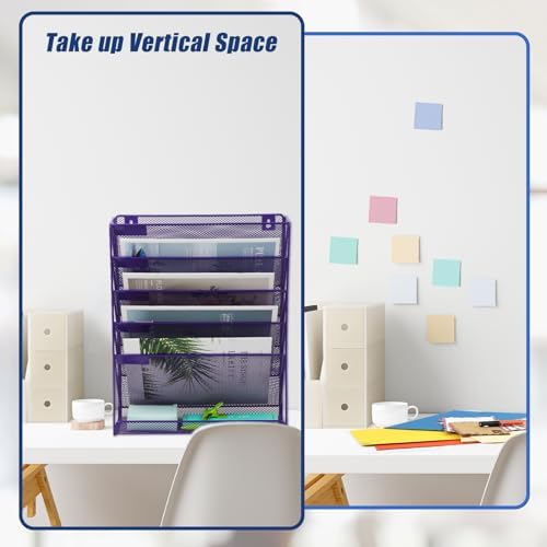 EASEPRES Desk File Organizer Mesh 6-Tier, Hanging Wall Mount Document Organization Stand, Desktop Vertical Mail Paper Folder Holder Rack with Bottom Tray for Office Home Cubicle Countertop, Purple