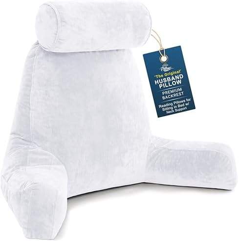 Husband Pillow XXL The Original for Adults - 30" Tall Backrest for Sitting Up in Bed - Firm Support Reading & Bed Rest Pillows for Adults, Neck Roll, Removable Cover - TV - White