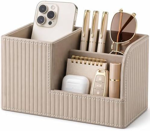 KINGFOM Desk Pen Organizer Office Supplies Caddy Pu Leather Multi-function Storage Box Pen/Pencil,Cell phone, Business Name Cards Remote Control Holder (Mocha Beige)