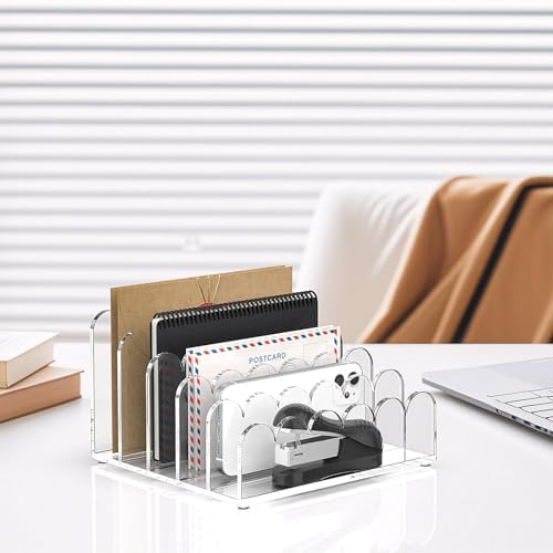YAGELI 2 Pack 5-Slot Acrylic Mail Organizer for Desktop – Scalloped Clear Document Sorter, Vertical File Holder for Office/Home, Space-Saving Desk Organizer for Letters,Envelope,Bills,Stationery