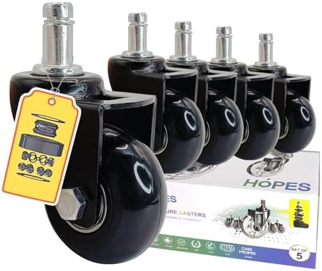 HOPES Office Chair Wheels Replacement Set of 5 – Heavy Duty Rubber Casters, Smooth & Quiet Rolling for Hardwood Floors and Carpet, Universal Stem, No Floor Mat Needed (Black, 2inch-660lbs)