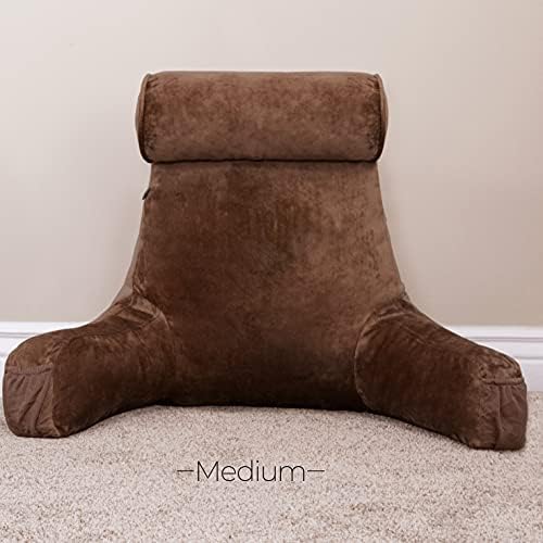 Husband Pillow Medium Reading Pillow with Arms - 23" Backrest for Sitting Up in Bed - Firm Support Bed Rest Pillow for Adults, Neck Roll, Removable Cover - TV, Reading, Lounging - Chocolate
