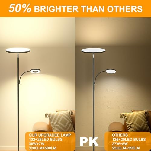 marctronic Silver Gray Floor Lamp, 42W 4000LM Super Bright LED Lamp with Reading Light for Living Room Bedroom Office, Dimmable Standing Lamp with Remote & Touch Control