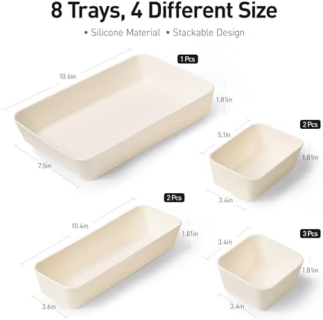 ISSEVE 8Pcs Silicone Drawer Organizer Trays for Bathroom, 4 Sizes, White