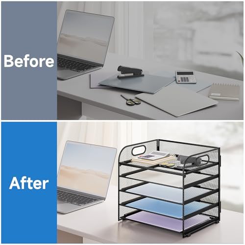 Paper Organizer Letter Tray with Handle Mesh 5 Trays-Black 2 Pack