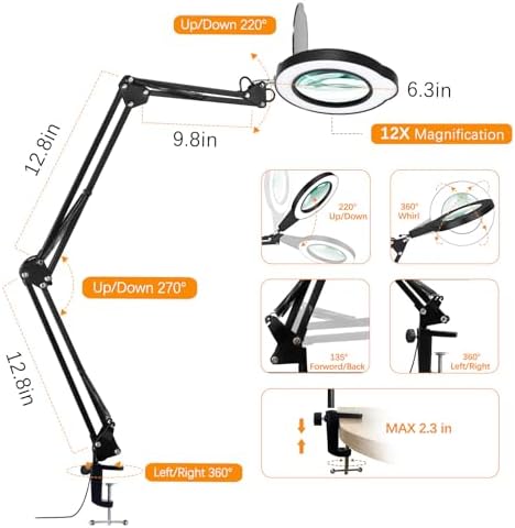 12XMagnifying Glass with Light and Stand|Magnifying Lamp with 3-Section Swing Arm,5 Color Modes LED Lighted Magnifier Lamp for Workbench (Black Ultra Long)
