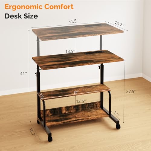 FCH 31.5" Mobile Small Standing Desk, Adjustable Height Mobile Computer Desk, w/2 AC Outlets + 3 USB Ports & Hooks, Storage Shelves, Suitable for Gaming, Studying, Home Office, Vintage Brown