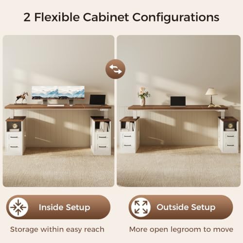 OffiGo 63 Inch Farmhouse Standing Desk with Storage Drawers, Walnut White